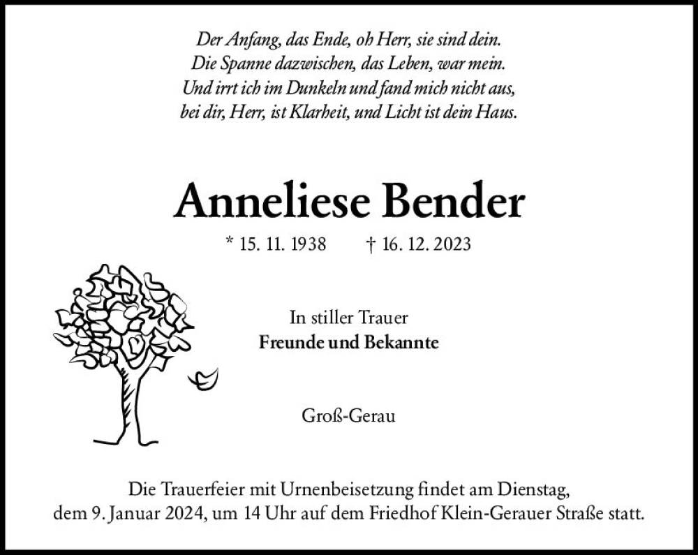 Traueranzeige für Anneliese Bender vom 30.12.2023 aus Groß-Gerauer Echo