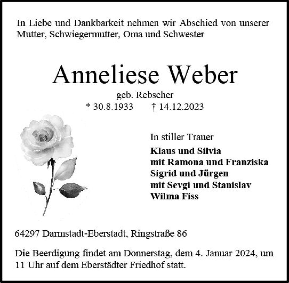  Traueranzeige für Anneliese Weber vom 30.12.2023 aus Darmstädter Echo
