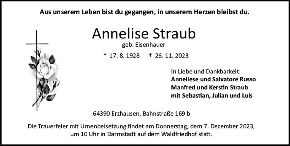  Traueranzeige für Annelise Straub vom 02.12.2023 aus Darmstädter Echo