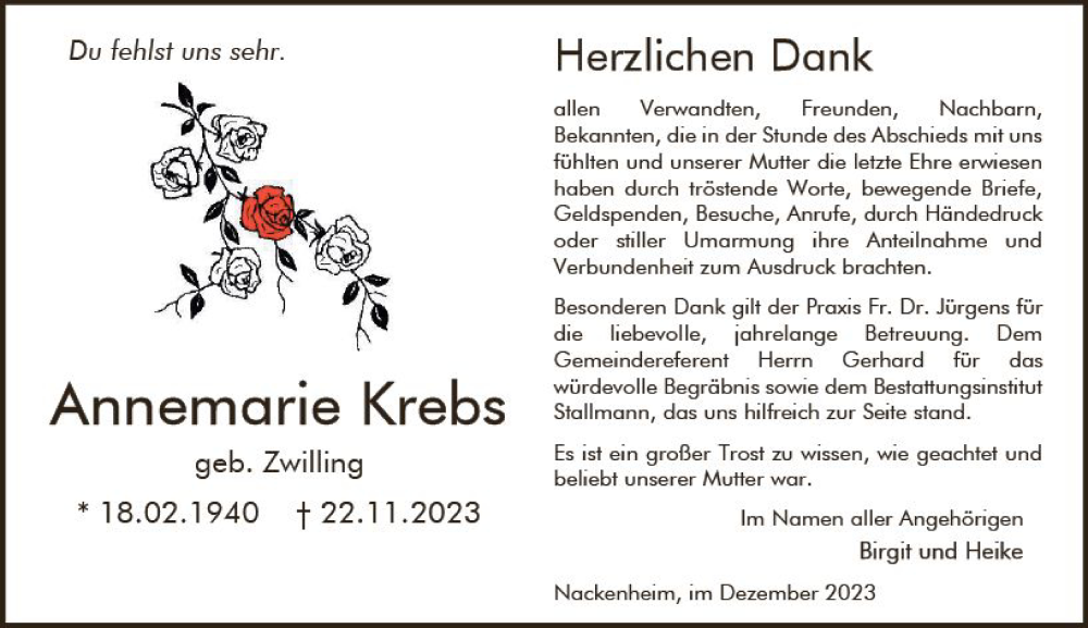  Traueranzeige für Annemarie Krebs vom 16.12.2023 aus Allgemeine Zeitung Mainz