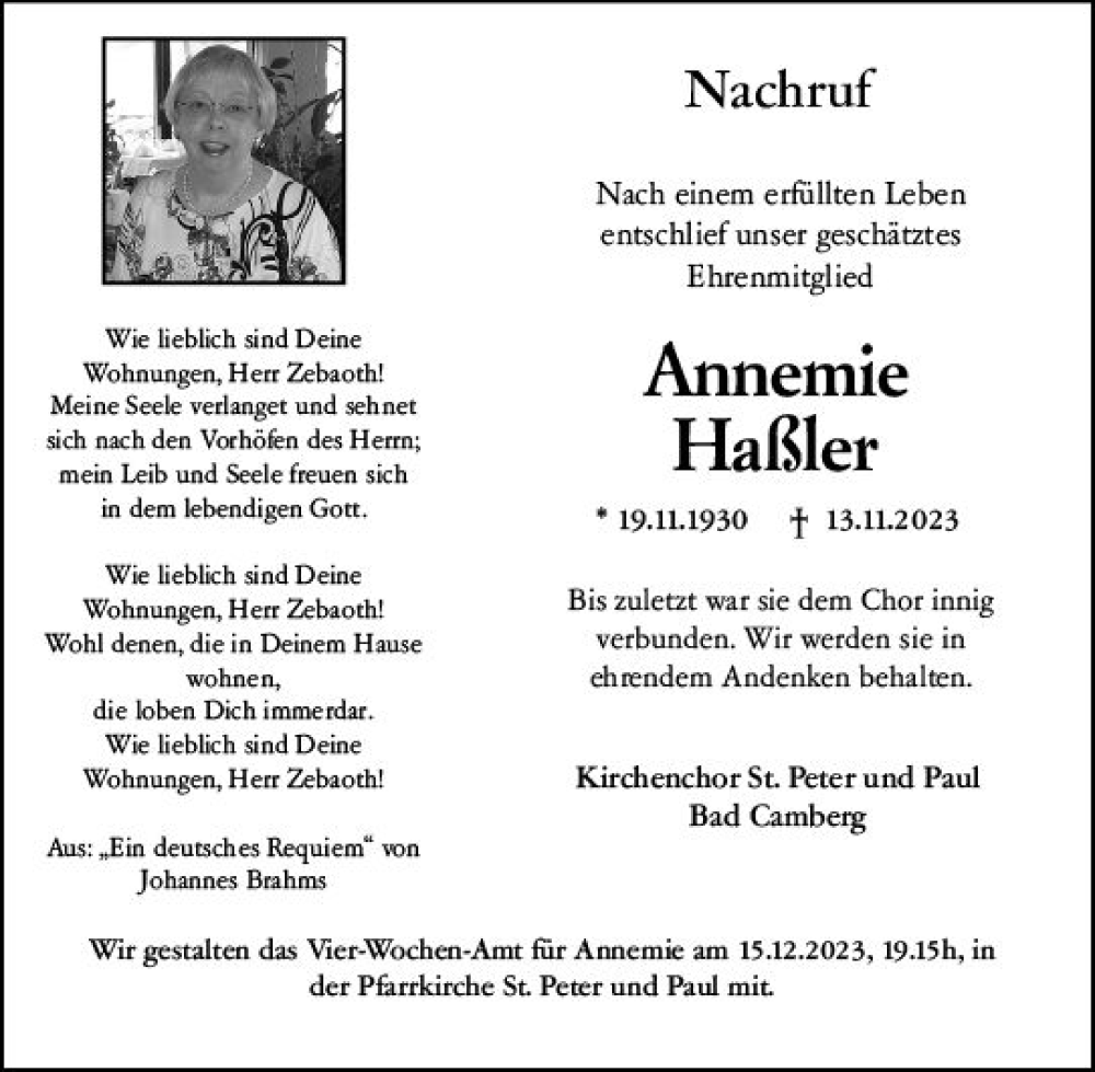  Traueranzeige für Annemie Haßler vom 14.12.2023 aus Camberger Anzeiger