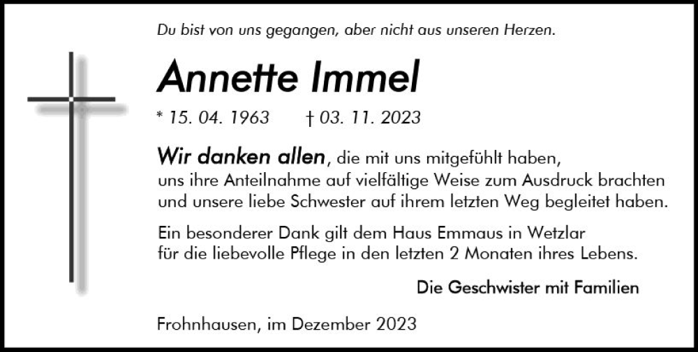 Traueranzeige für Annette Immel vom 23.12.2023 aus Dill Block