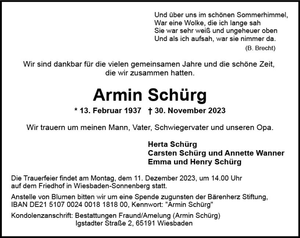  Traueranzeige für Armin Schürg vom 09.12.2023 aus Wiesbadener Kurier