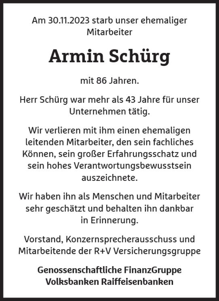  Traueranzeige für Armin Schürg vom 09.12.2023 aus Wiesbadener Kurier