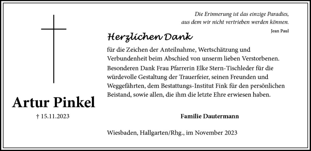  Traueranzeige für Artur Pinkel vom 02.12.2023 aus Wiesbadener Kurier