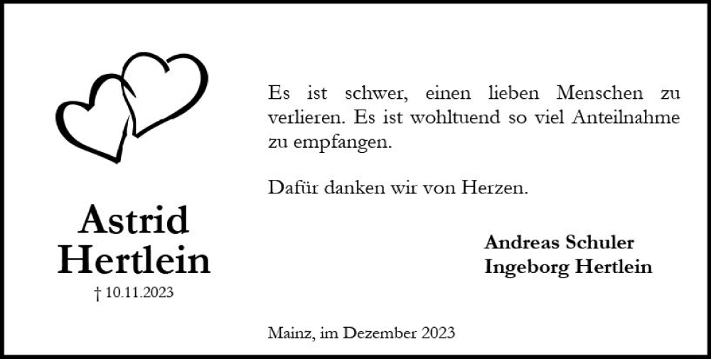  Traueranzeige für Astrid Hertlein vom 23.12.2023 aus Allgemeine Zeitung Mainz