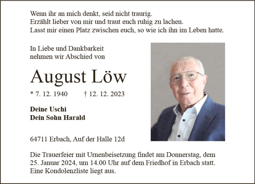  Traueranzeige für August Löw vom 23.12.2023 aus Odenwälder Echo