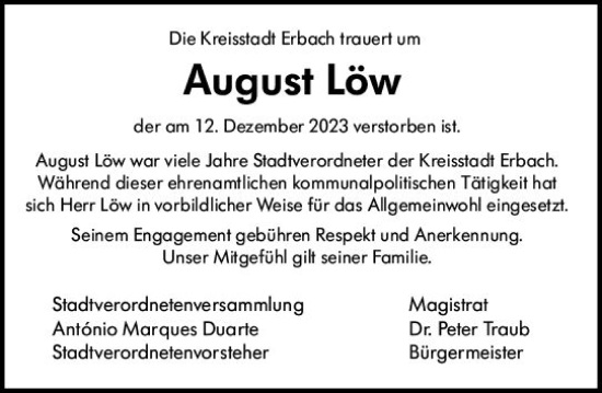 Traueranzeige von August Löw von Odenwälder Echo