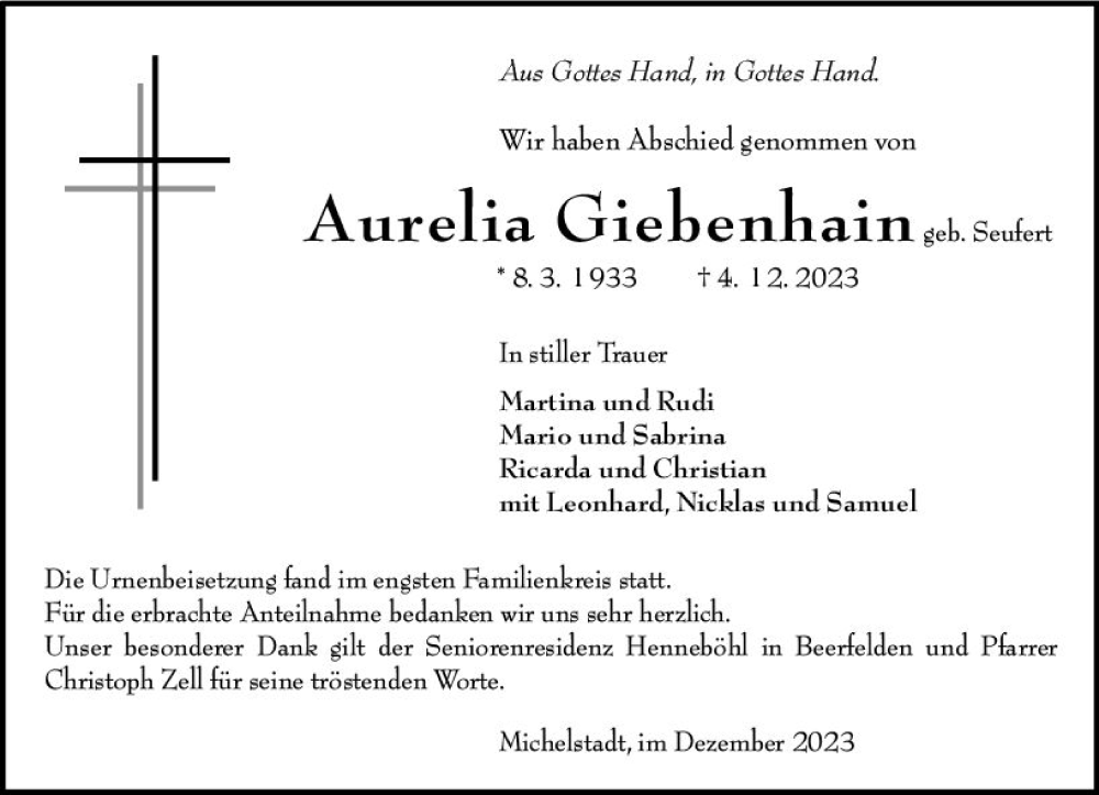  Traueranzeige für Aurelia Giebenhain vom 23.12.2023 aus Odenwälder Echo