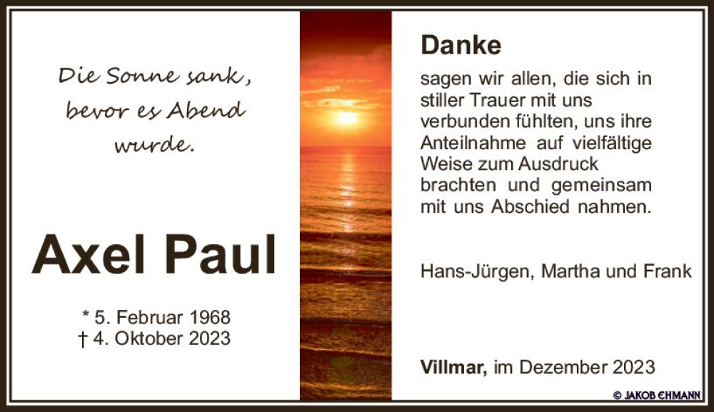  Traueranzeige für Axel Paul vom 09.12.2023 aus Weilburger Tageblatt