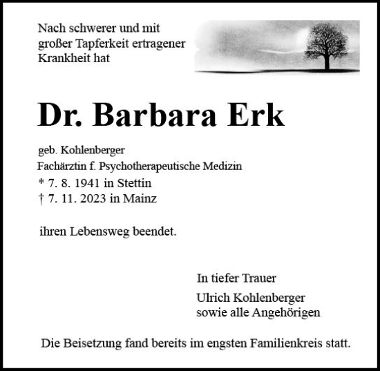 Traueranzeige von Barbara Erk von Allgemeine Zeitung Mainz
