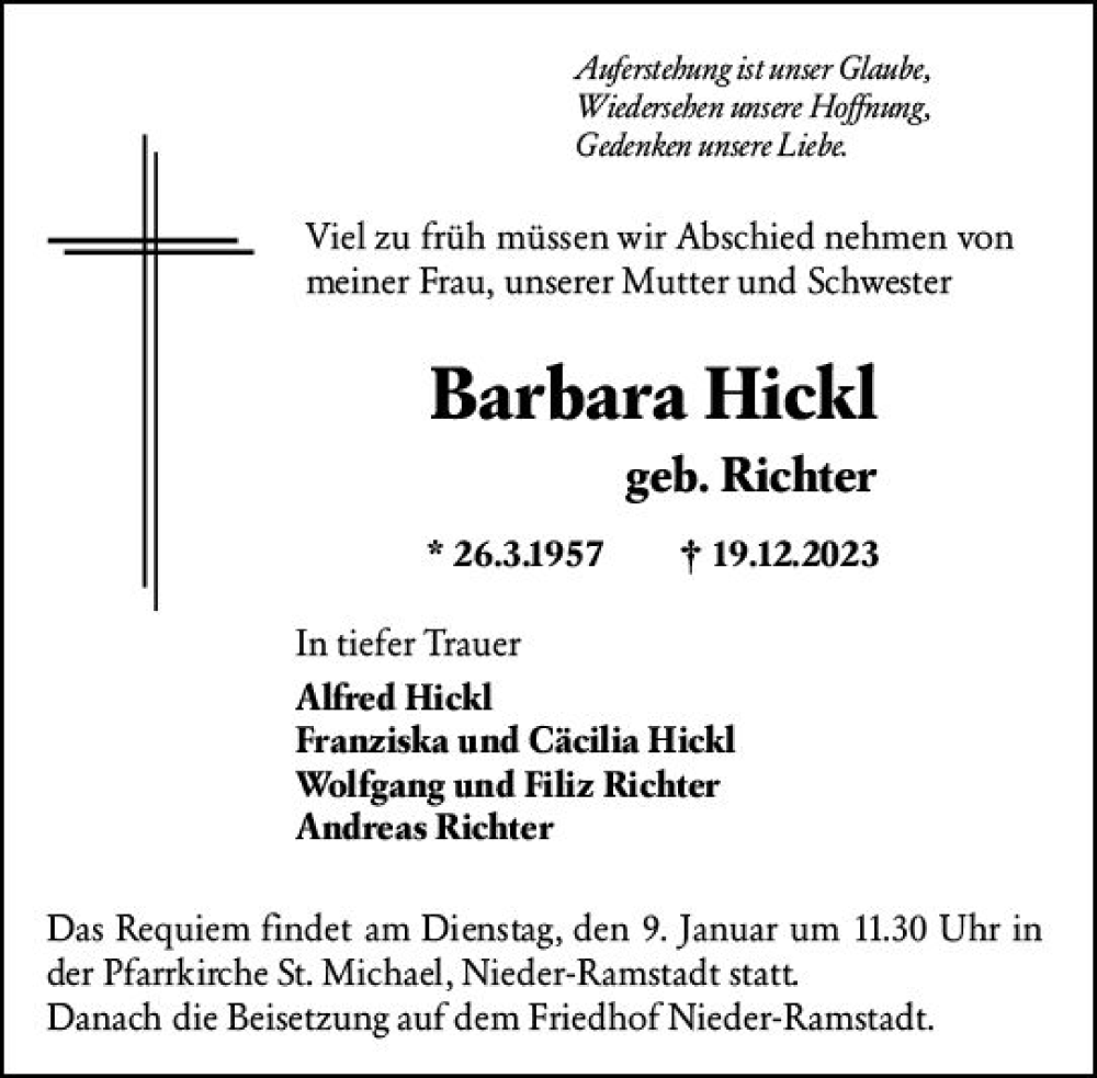  Traueranzeige für Barbara Hickl vom 30.12.2023 aus Darmstädter Echo