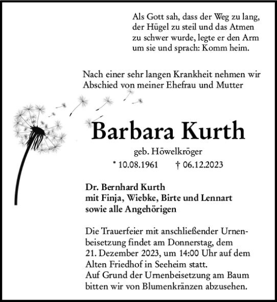 Traueranzeige von Barbara Kurth von Darmstädter Echo