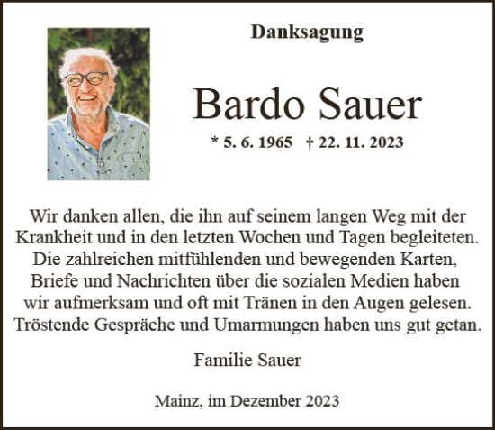 Traueranzeige von Bardo Sauer von Allgemeine Zeitung Mainz