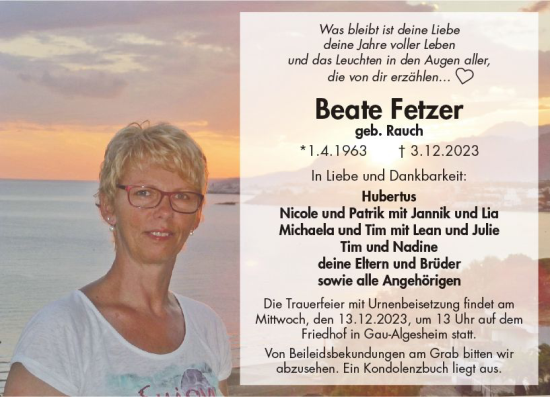 Traueranzeige von Beate Fetzer von Allgemeine Zeitung Bingen/Ingelheim