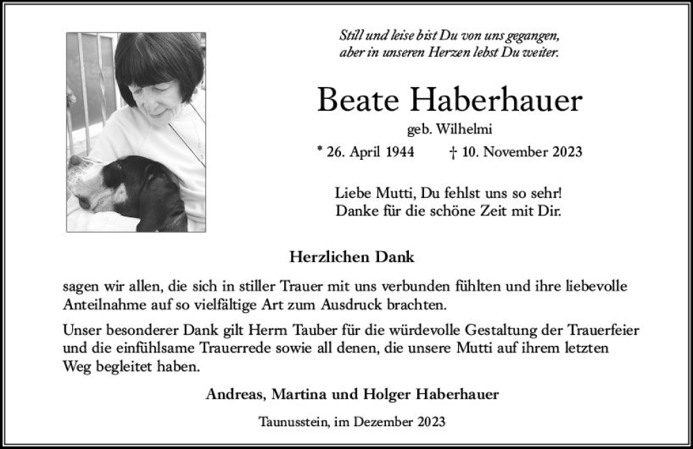  Traueranzeige für Beate Haberhauer vom 23.12.2023 aus Wiesbadener Kurier