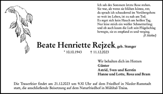 Traueranzeige von Beate Henriette von Darmstädter Echo