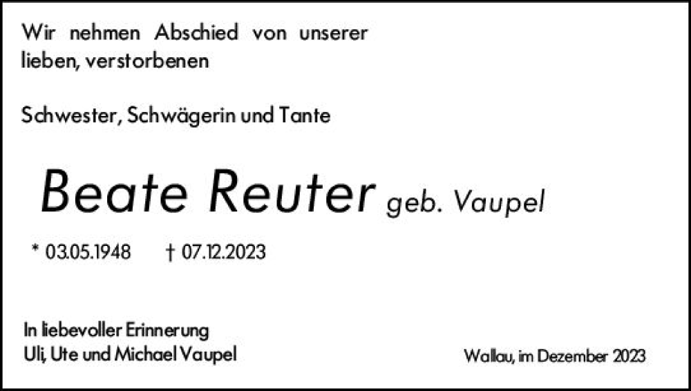  Traueranzeige für Beate Reuter vom 29.12.2023 aus Hinterländer Anzeiger