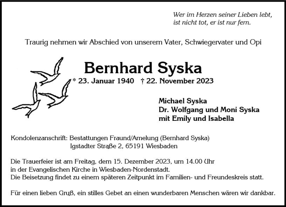  Traueranzeige für Bernhard Syska vom 02.12.2023 aus Wiesbadener Kurier