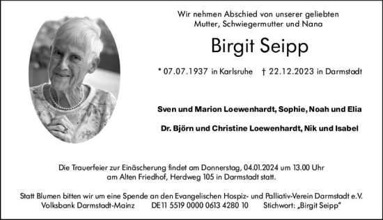 Traueranzeige von Birgit Seipp von Darmstädter Echo