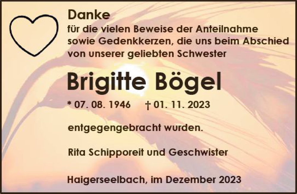  Traueranzeige für Brigitte Bögel vom 20.12.2023 aus Dill Block