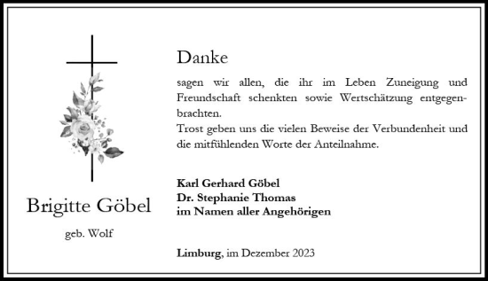 Traueranzeige von Brigitte Göbel von Nassauische Neue Presse