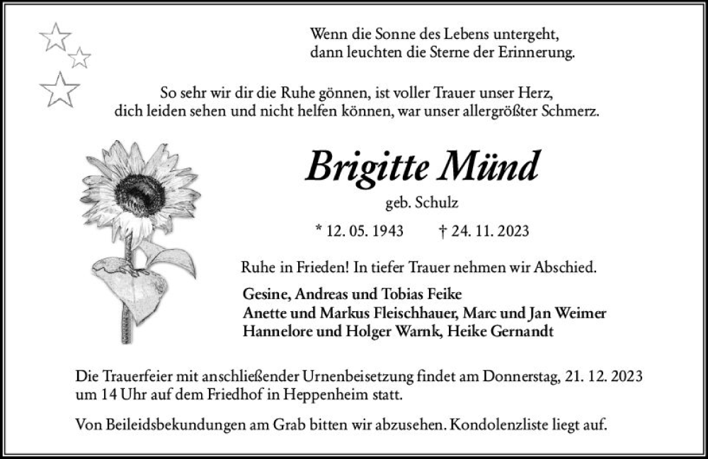  Traueranzeige für Brigitte Münd vom 16.12.2023 aus Starkenburger Echo