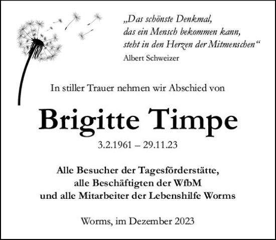 Traueranzeige von Brigitte Timpe von Wormser Zeitung