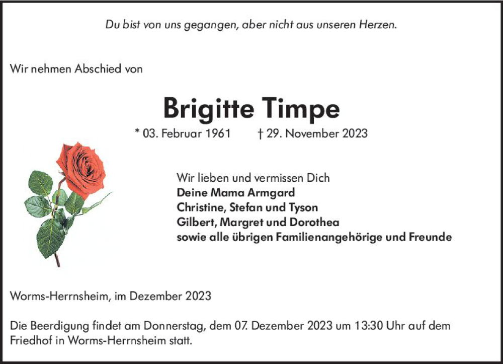  Traueranzeige für Brigitte Timpe vom 02.12.2023 aus Wormser Zeitung