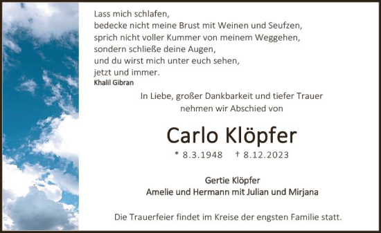 Traueranzeige von Carlo Klöpfer von Darmstädter Echo
