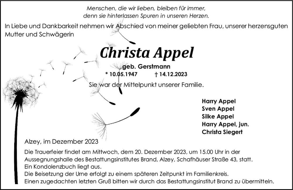  Traueranzeige für Christa Appel vom 18.12.2023 aus Allgemeine Zeitung Alzey