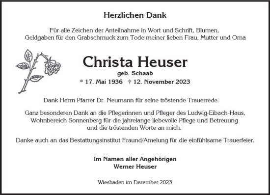 Traueranzeige von Christa Heuser von Wiesbadener Kurier