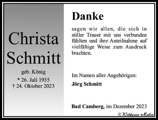 Traueranzeige von Christa Schmitt von Camberger Anzeiger