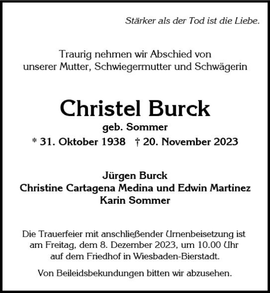 Traueranzeige von Christel Burck von Wiesbadener Kurier