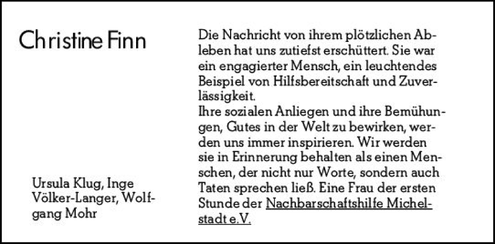  Traueranzeige für Christine Finn vom 15.12.2023 aus Odenwälder Echo