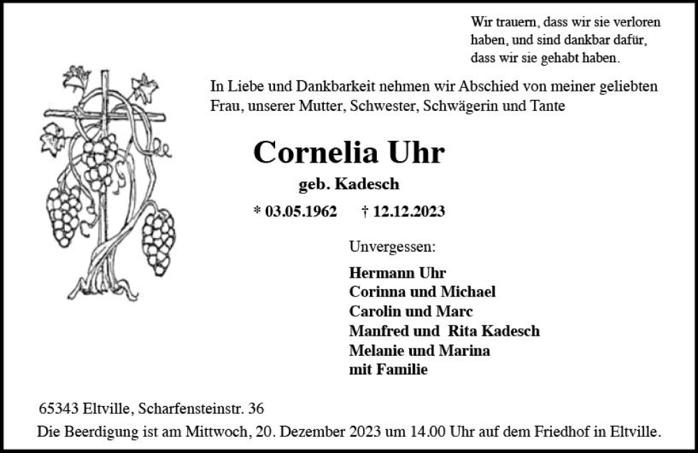  Traueranzeige für Cornelia Uhr vom 16.12.2023 aus Rheingau Kurier