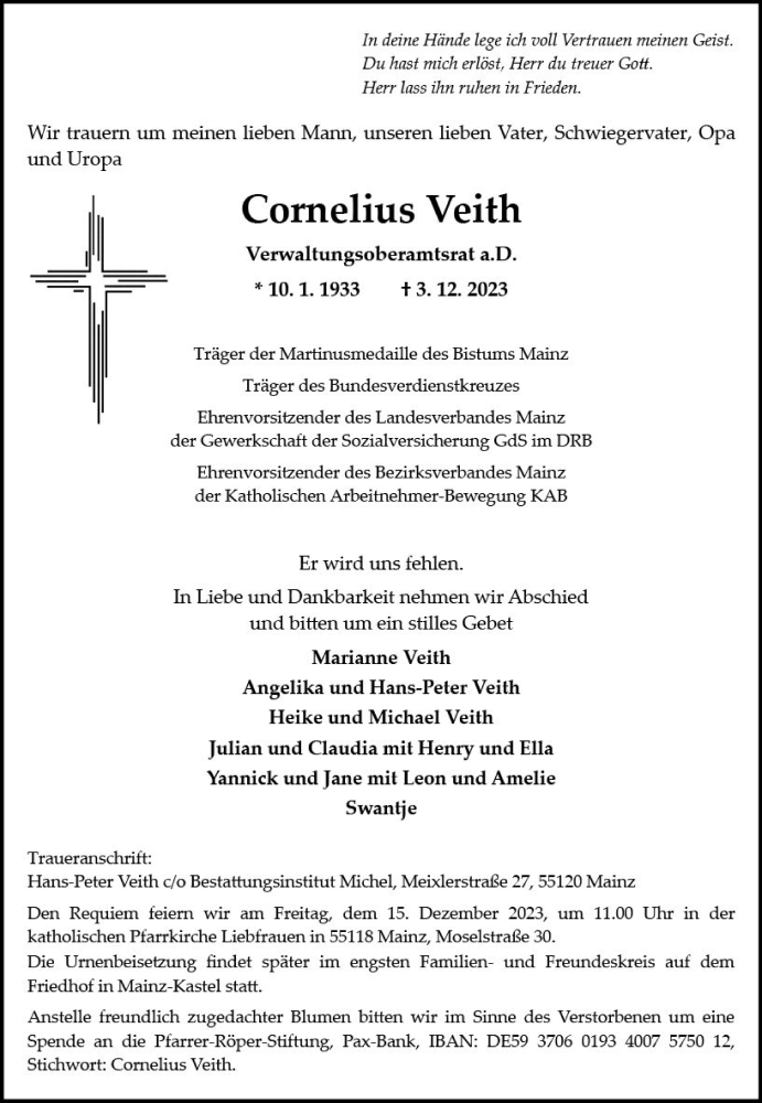  Traueranzeige für Cornelius Veith vom 09.12.2023 aus Allgemeine Zeitung Mainz