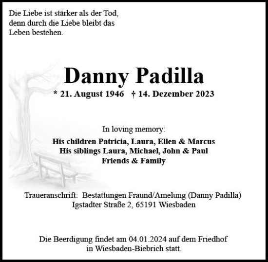 Traueranzeige von Danny Padilla von Wiesbadener Kurier