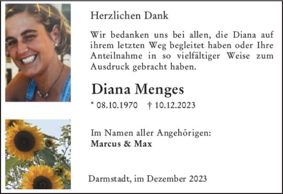 Traueranzeige von Diana Menges von Darmstädter Echo