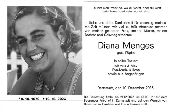 Traueranzeige von Diana Menges von Darmstädter Echo