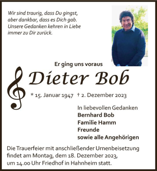 Traueranzeige von Dieter Bob von Allgemeine Zeitung Mainz