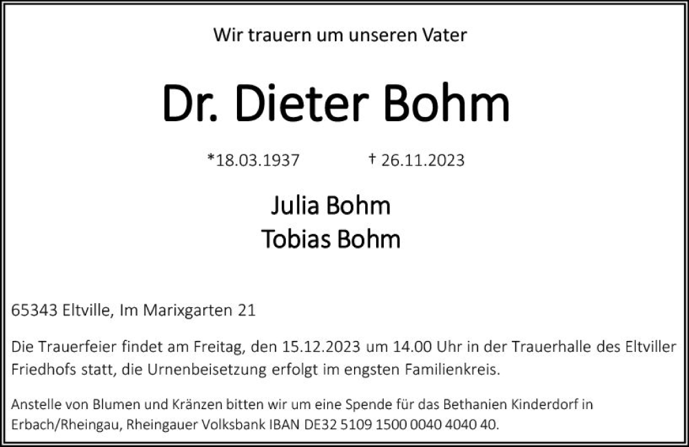  Traueranzeige für Dieter Bohm vom 04.12.2023 aus Wiesbadener Kurier