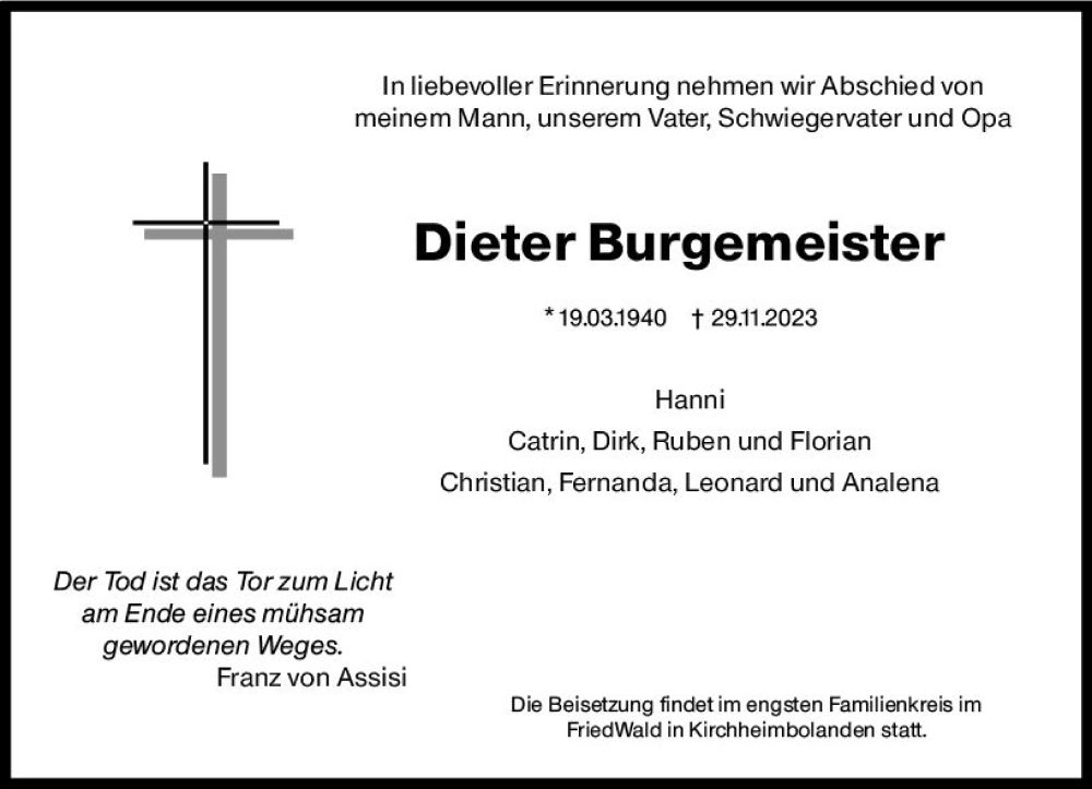  Traueranzeige für Dieter Burgemeister vom 09.12.2023 aus Wormser Zeitung