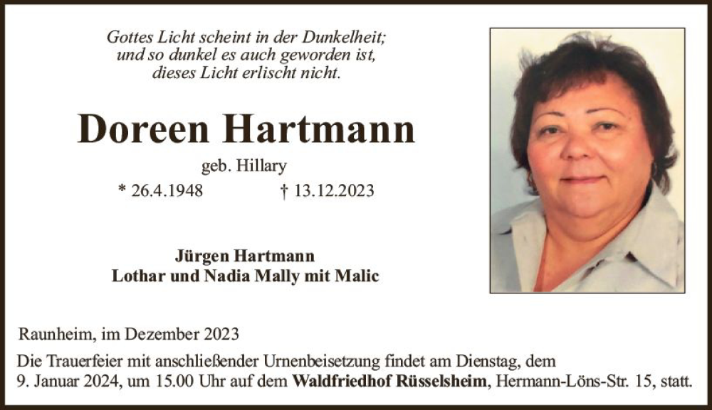  Traueranzeige für Doreen Hartmann vom 30.12.2023 aus Rüsselsheimer Echo