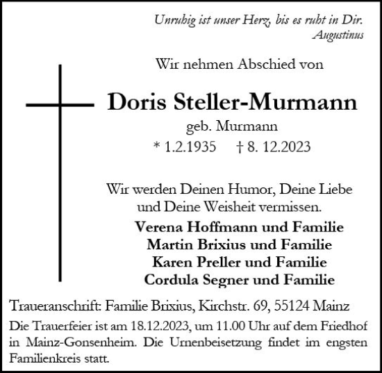 Traueranzeige von Doris Steller-Murmann von Allgemeine Zeitung Mainz
