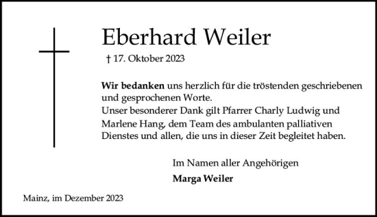 Traueranzeige von Eberhard Weiler von Allgemeine Zeitung Mainz