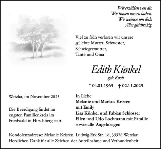 Traueranzeige von Edith Künkel von Dill Block