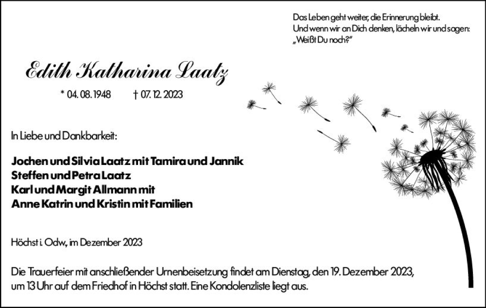  Traueranzeige für Edith Laatz vom 16.12.2023 aus Odenwälder Echo