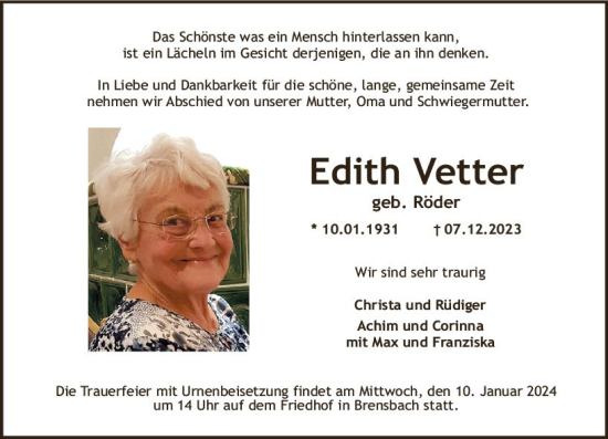 Traueranzeige von Edith Vetter von Odenwälder Echo