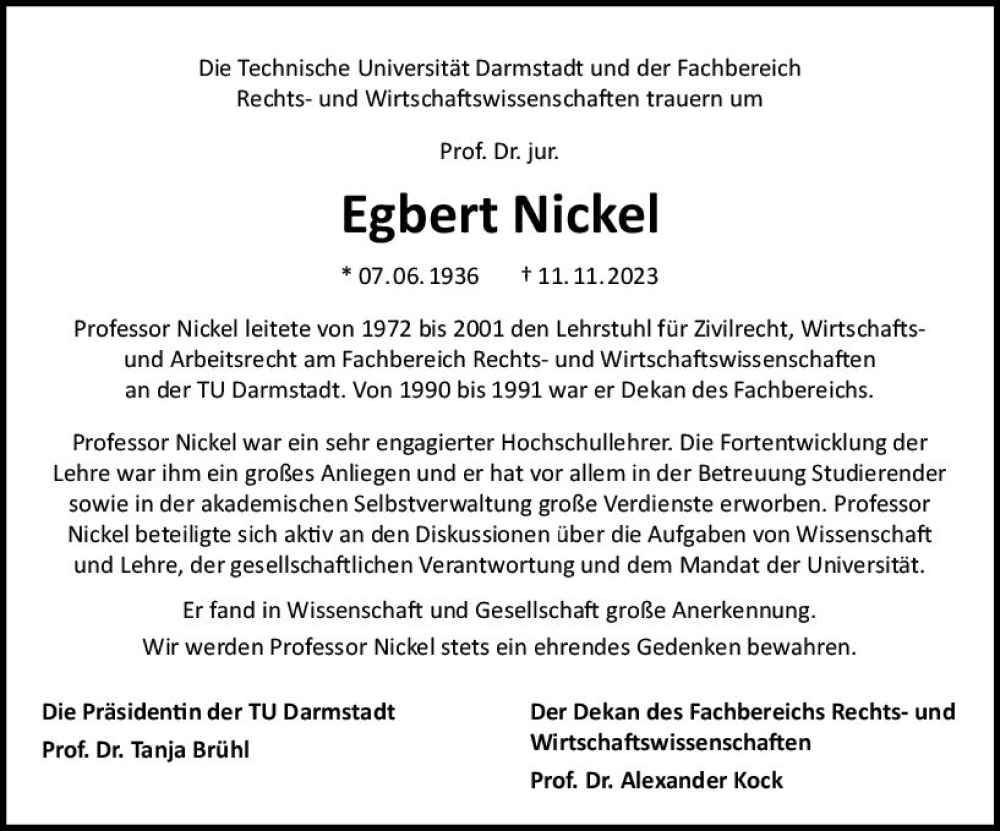  Traueranzeige für Egbert Nickel vom 02.12.2023 aus Darmstädter Echo